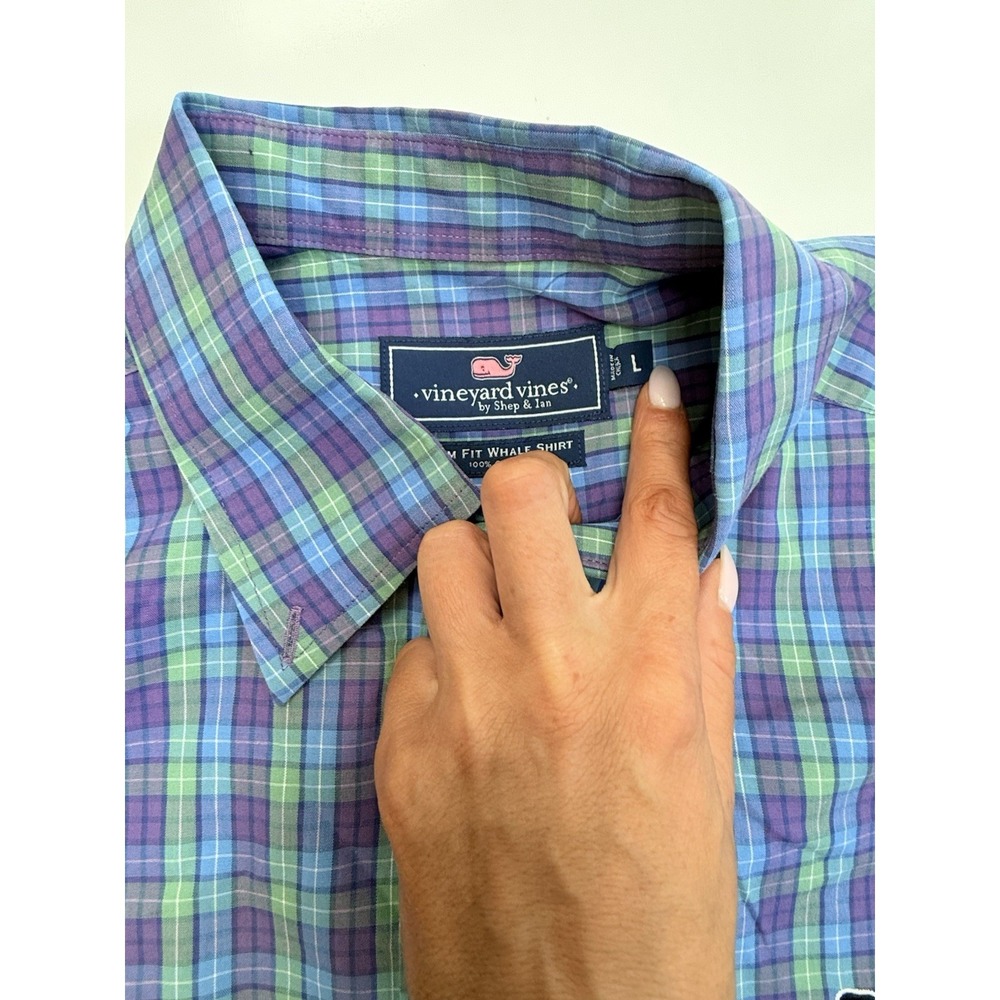 vineyard vines long sleeve dress shirt purple green plaid mens L slim fit - Picture 4 of 4